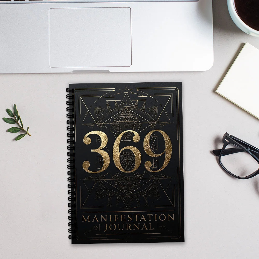369 Manifestation Journal – Black & Gold Geometric Spiral Notebook