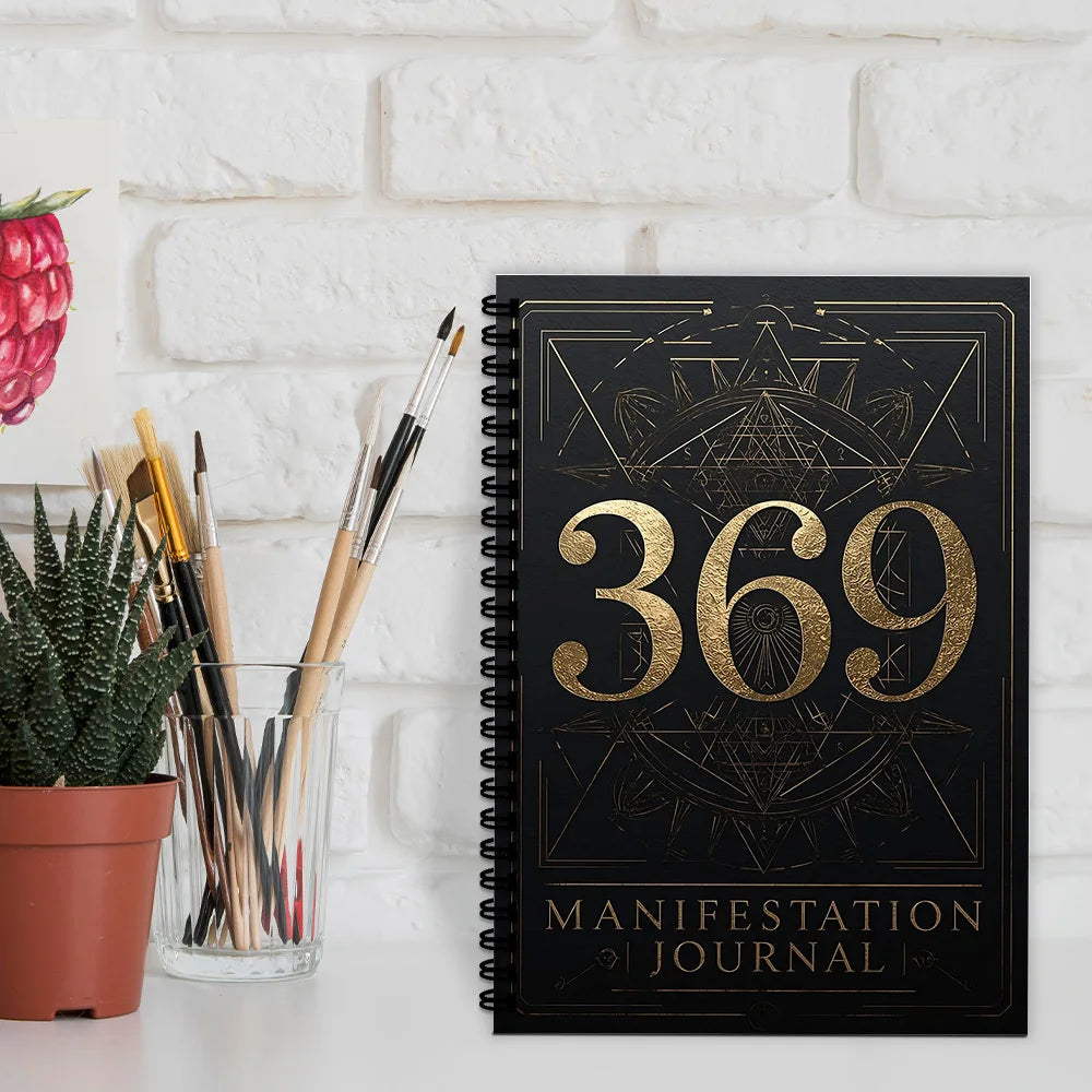 369 Manifestation Journal – Black & Gold Geometric Spiral Notebook