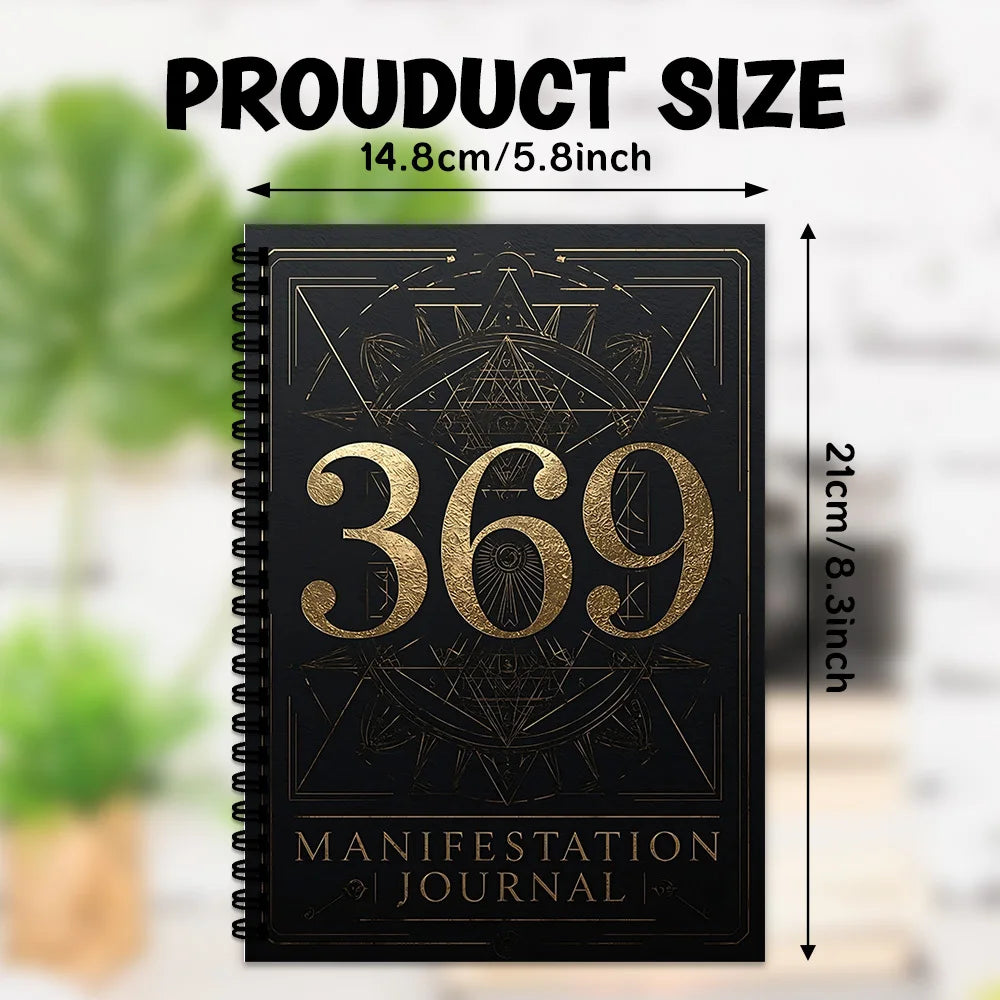 369 Manifestation Journal – Black & Gold Geometric Spiral Notebook