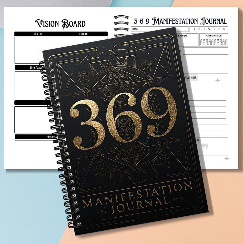 369 Manifestation Journal – Black & Gold Geometric Spiral Notebook